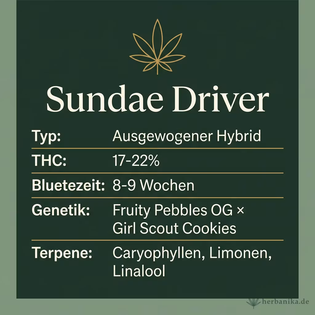 Infografik mit Sundae-Driver Key Facts: Typ ausgewogener Hybrid, THC 17-22%, Bluetezeit 8-9 Wochen, Genetik Fruity Pebbles OG x Girl Scout Cookies und Terpene Caryophyllen, Limonen, Linalool