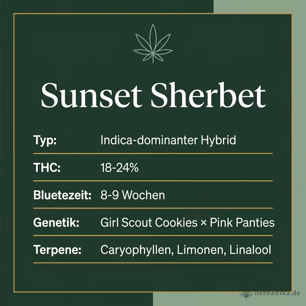Infografik mit Sunset-Sherbet Key Facts: Typ Indica-dominant, THC 18-24%, Bluetezeit 8-9 Wochen, Genetik Girl Scout Cookies x Pink Panties und Terpene Caryophyllen, Limonen, Linalool