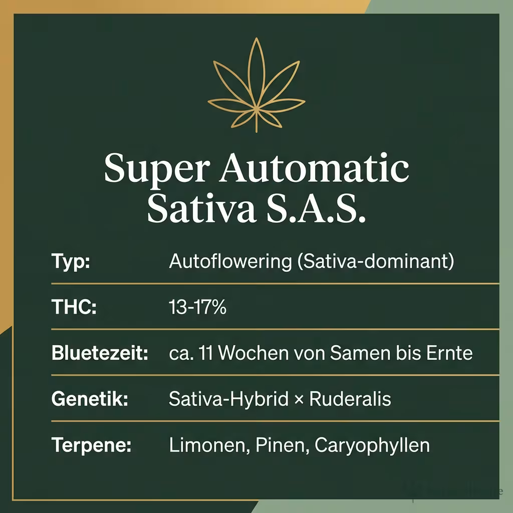 Infografik mit Super Automatic Sativa S.A.S. Key Facts: Typ Autoflowering (Sativa-dominant), THC 13-17%, Bluetezeit ca. 11 Wochen von Samen bis Ernte, Genetik Sativa-Hybrid × Ruderalis und Terpene Limonen, Pinen, Caryophyllen
