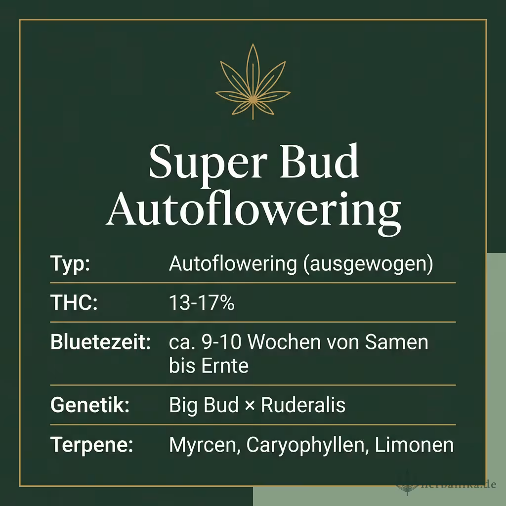 Infografik mit Super Bud Autoflowering Key Facts: Typ Autoflowering (ausgewogen), THC 13-17%, Bluetezeit ca. 9-10 Wochen von Samen bis Ernte, Genetik Big Bud × Ruderalis und Terpene Myrcen, Caryophyllen, Limonen