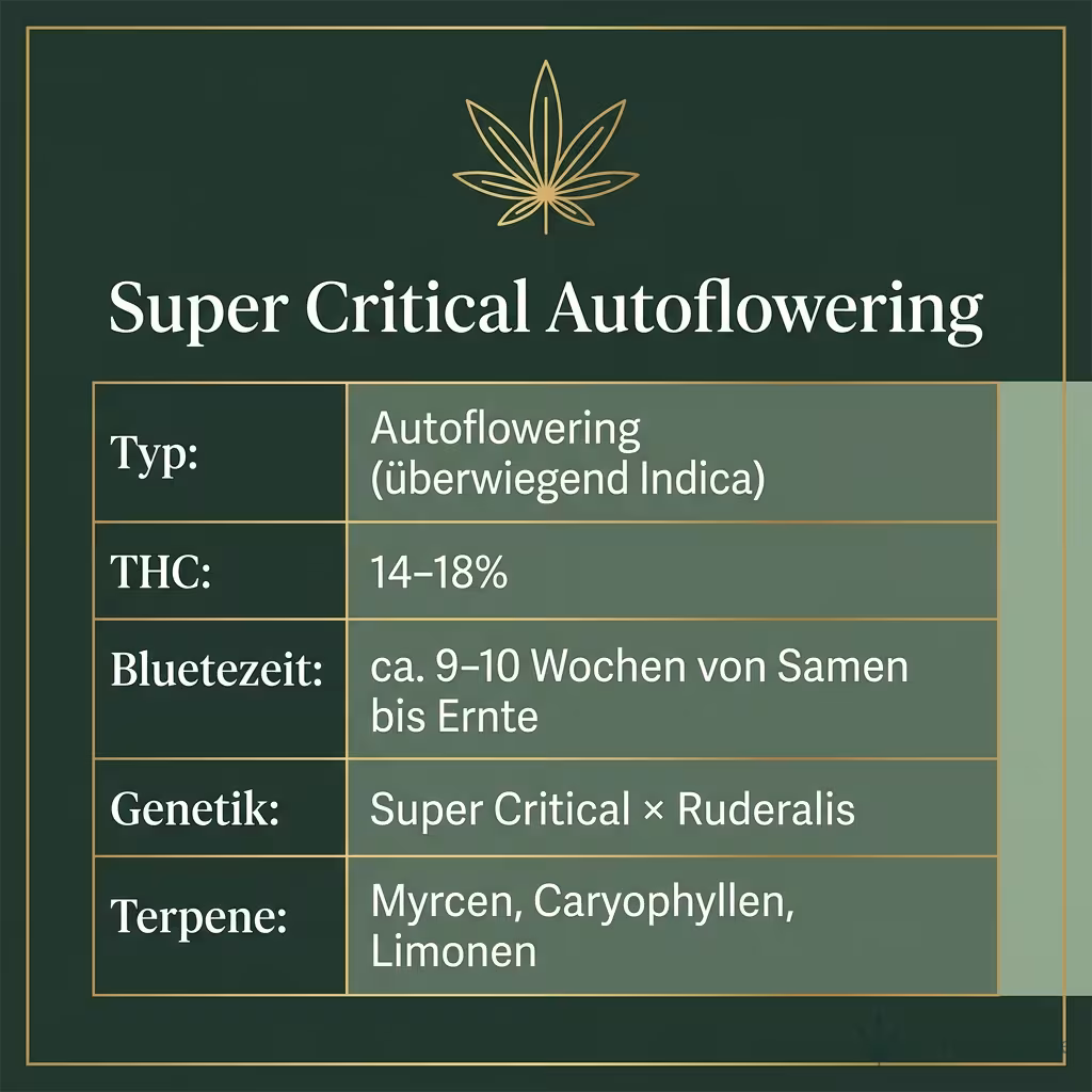 Infografik mit Super Critical Autoflowering Key Facts: Typ Autoflowering (überwiegend Indica), THC 14-18%, Bluetezeit ca. 9-10 Wochen von Samen bis Ernte, Genetik Super Critical × Ruderalis und Terpene Myrcen, Caryophyllen, Limonen