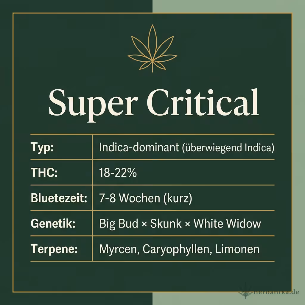 Infografik mit Super Critical Key Facts: Typ Indica-dominant (überwiegend Indica), THC 18-22%, Bluetezeit 7-8 Wochen (kurz), Genetik Big Bud × Skunk × White Widow und Terpene Myrcen, Caryophyllen, Limonen