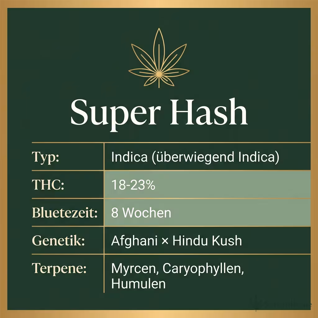 Infografik mit Super Hash Key Facts: Typ Indica (überwiegend Indica), THC 18-23%, Bluetezeit 8 Wochen, Genetik Afghani × Hindu Kush und Terpene Myrcen, Caryophyllen, Humulen