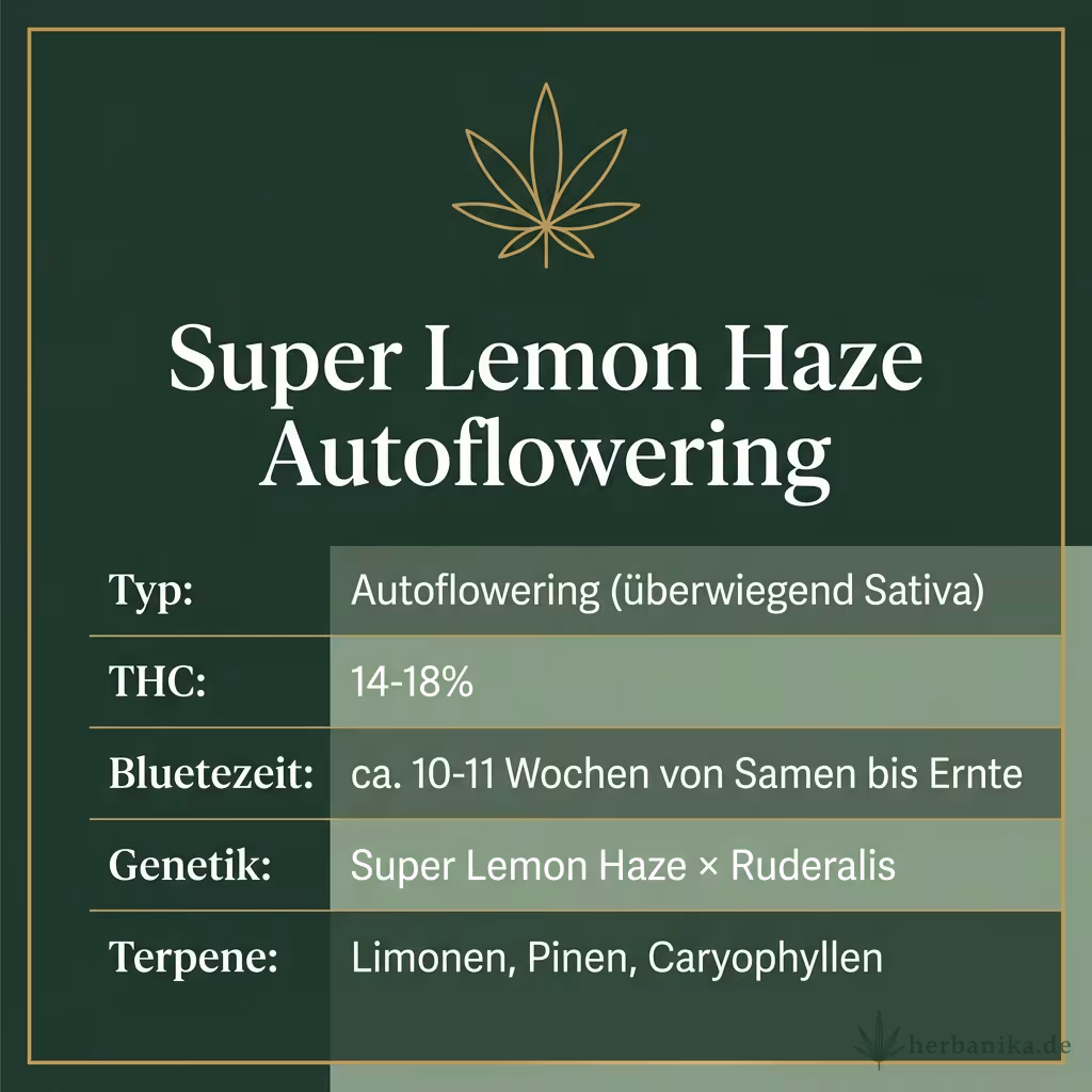 Infografik mit Super Lemon Haze Autoflowering Key Facts: Typ Autoflowering (überwiegend Sativa), THC 14-18%, Bluetezeit ca. 10-11 Wochen von Samen bis Ernte, Genetik Super Lemon Haze × Ruderalis und Terpene Limonen, Pinen, Caryophyllen