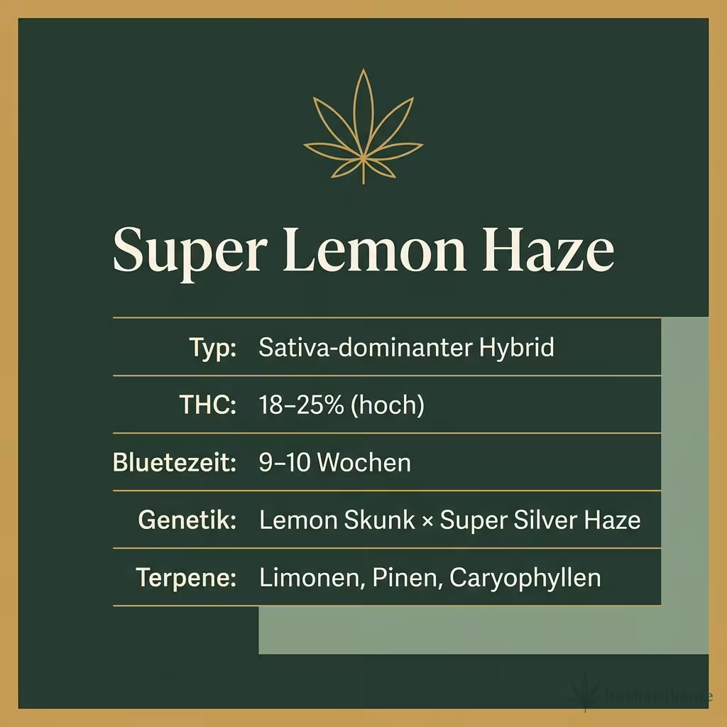 Infografik mit Super Lemon Haze Key Facts: Typ Sativa-dominanter Hybrid, THC 18-25% (hoch), Bluetezeit 9-10 Wochen, Genetik Lemon Skunk × Super Silver Haze und Terpene Limonen, Pinen, Caryophyllen