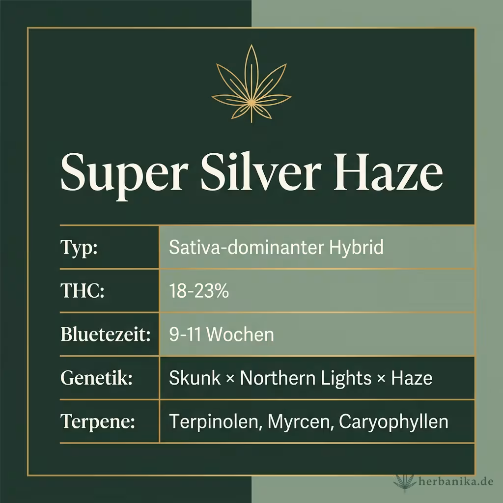 Infografik mit Super-Silver-Haze Key Facts: Typ Sativa-dominant, THC 18-23%, Bluetezeit 9-11 Wochen, Genetik Skunk x Northern Lights x Haze und Terpene Terpinolen, Myrcen, Caryophyllen