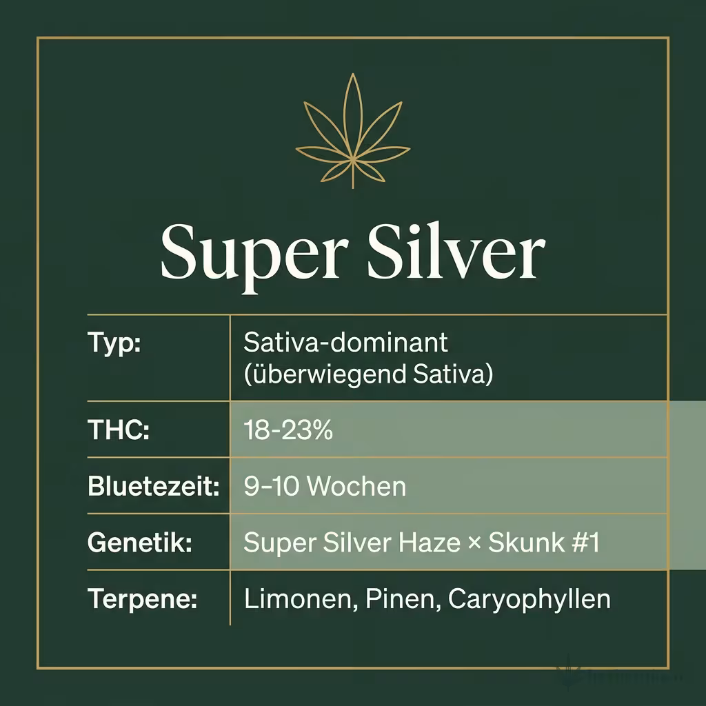 Infografik mit Super Silver Key Facts: Typ Sativa-dominant (überwiegend Sativa), THC 18-23%, Bluetezeit 9-10 Wochen, Genetik Super Silver Haze × Skunk #1 und Terpene Limonen, Pinen, Caryophyllen