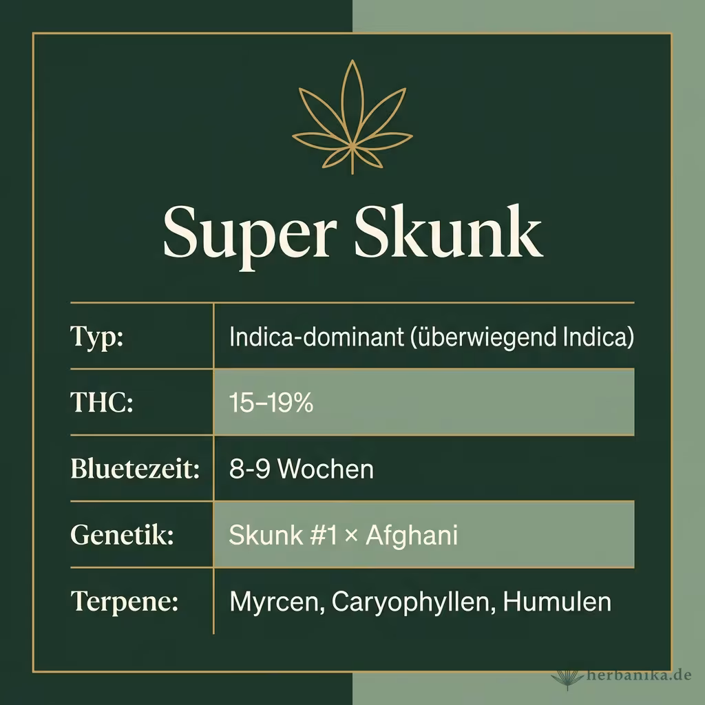 Infografik mit Super-Skunk Key Facts: Typ Indica-dominant, THC 15-19%, Bluetezeit 8-9 Wochen, Genetik Skunk 1 x Afghani und Terpene Myrcen, Caryophyllen, Humulen