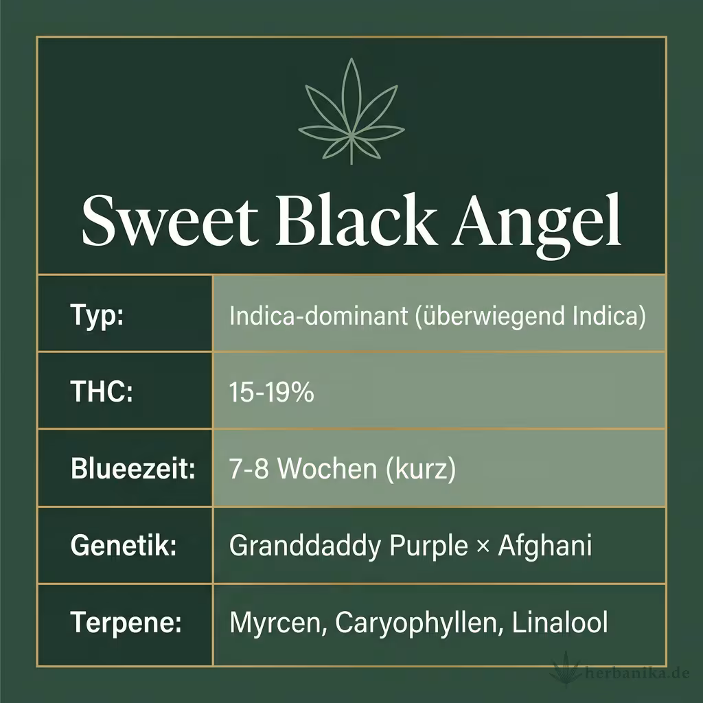 Infografik mit Sweet Black Angel Key Facts: Typ Indica-dominant (überwiegend Indica), THC 15-19%, Bluetezeit 7-8 Wochen (kurz), Genetik Granddaddy Purple × Afghani und Terpene Myrcen, Caryophyllen, Linalool