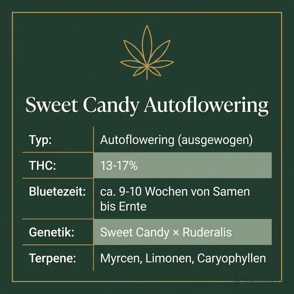 Infografik mit Sweet Candy Autoflowering Key Facts: Typ Autoflowering (ausgewogen), THC 13-17%, Bluetezeit ca. 9-10 Wochen von Samen bis Ernte, Genetik Sweet Candy × Ruderalis und Terpene Myrcen, Limonen, Caryophyllen