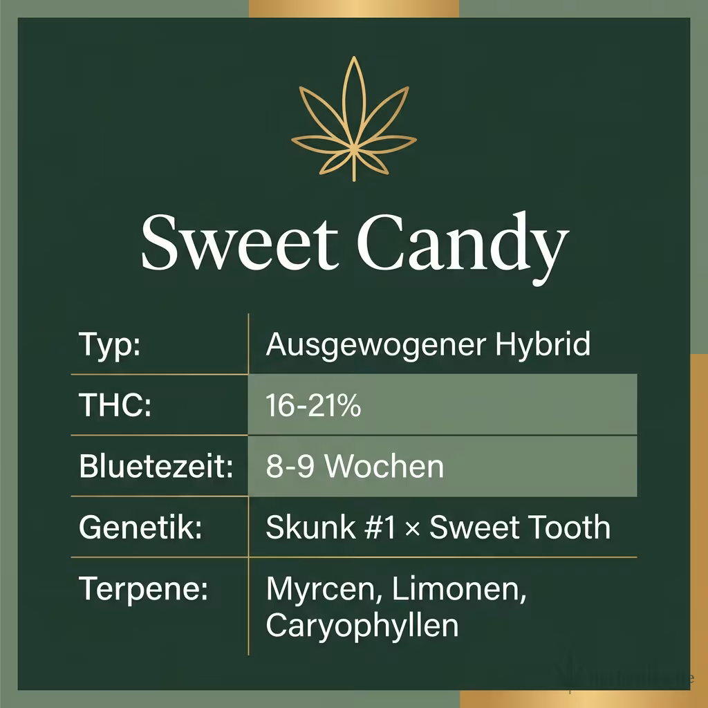 Infografik mit Sweet Candy Key Facts: Typ Ausgewogener Hybrid, THC 16-21%, Bluetezeit 8-9 Wochen, Genetik Skunk #1 × Sweet Tooth und Terpene Myrcen, Limonen, Caryophyllen