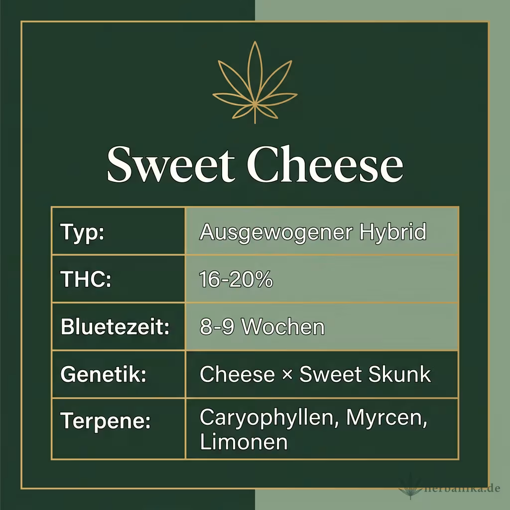 Infografik mit Sweet Cheese Key Facts: Typ Ausgewogener Hybrid, THC 16-20%, Bluetezeit 8-9 Wochen, Genetik Cheese × Sweet Skunk und Terpene Caryophyllen, Myrcen, Limonen