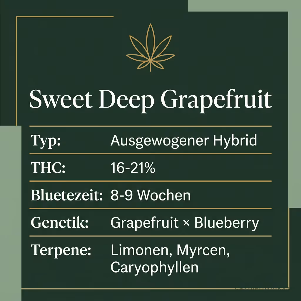 Infografik mit Sweet Deep Grapefruit Key Facts: Typ Ausgewogener Hybrid, THC 16-21%, Bluetezeit 8-9 Wochen, Genetik Grapefruit × Blueberry und Terpene Limonen, Myrcen, Caryophyllen