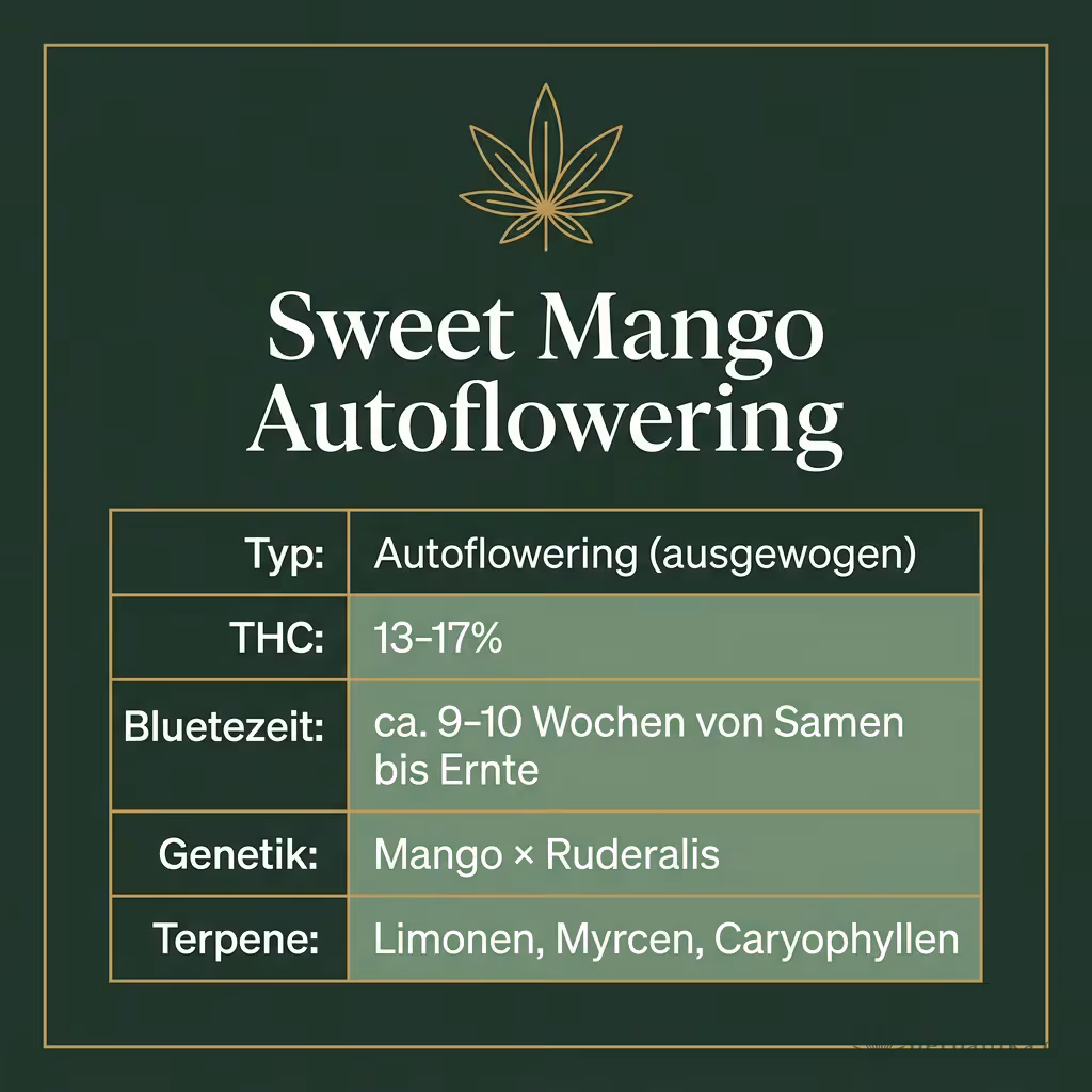 Infografik mit Sweet Mango Autoflowering Key Facts: Typ Autoflowering (ausgewogen), THC 13-17%, Bluetezeit ca. 9-10 Wochen von Samen bis Ernte, Genetik Mango × Ruderalis und Terpene Limonen, Myrcen, Caryophyllen