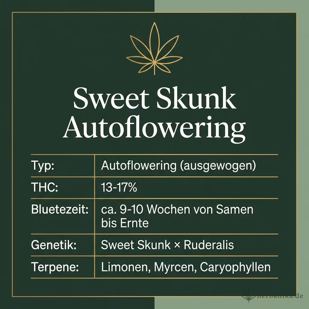 Infografik mit Sweet Skunk Autoflowering Key Facts: Typ Autoflowering (ausgewogen), THC 13-17%, Bluetezeit ca. 9-10 Wochen von Samen bis Ernte, Genetik Sweet Skunk × Ruderalis und Terpene Limonen, Myrcen, Caryophyllen