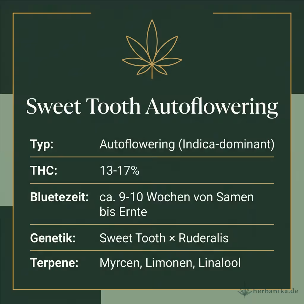 Infografik mit Sweet Tooth Autoflowering Key Facts: Typ Autoflowering (Indica-dominant), THC 13-17%, Bluetezeit ca. 9-10 Wochen von Samen bis Ernte, Genetik Sweet Tooth × Ruderalis und Terpene Myrcen, Limonen, Linalool