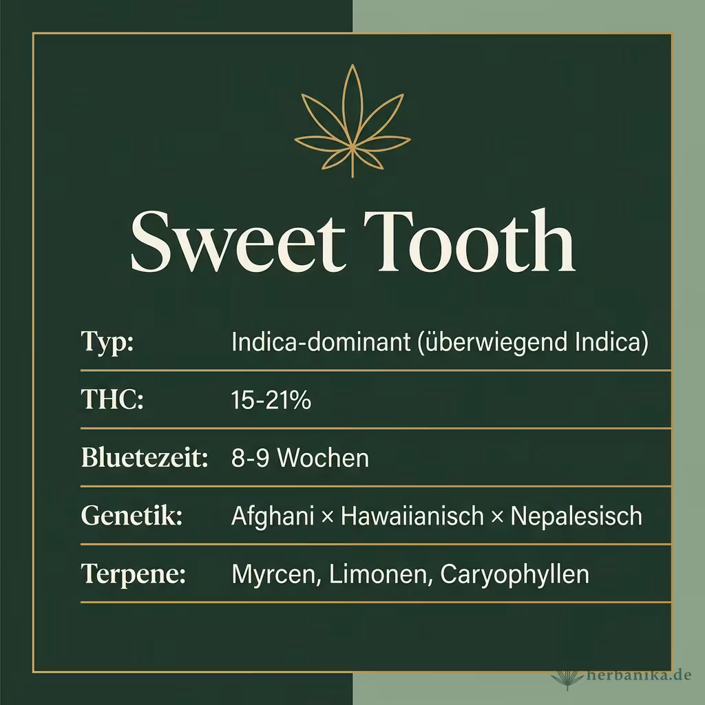 Infografik mit Sweet-Tooth Key Facts: Typ Indica-dominant, THC 15-21%, Bluetezeit 8-9 Wochen, Genetik Afghani x Hawaiianisch x Nepalesisch und Terpene Myrcen, Limonen, Caryophyllen