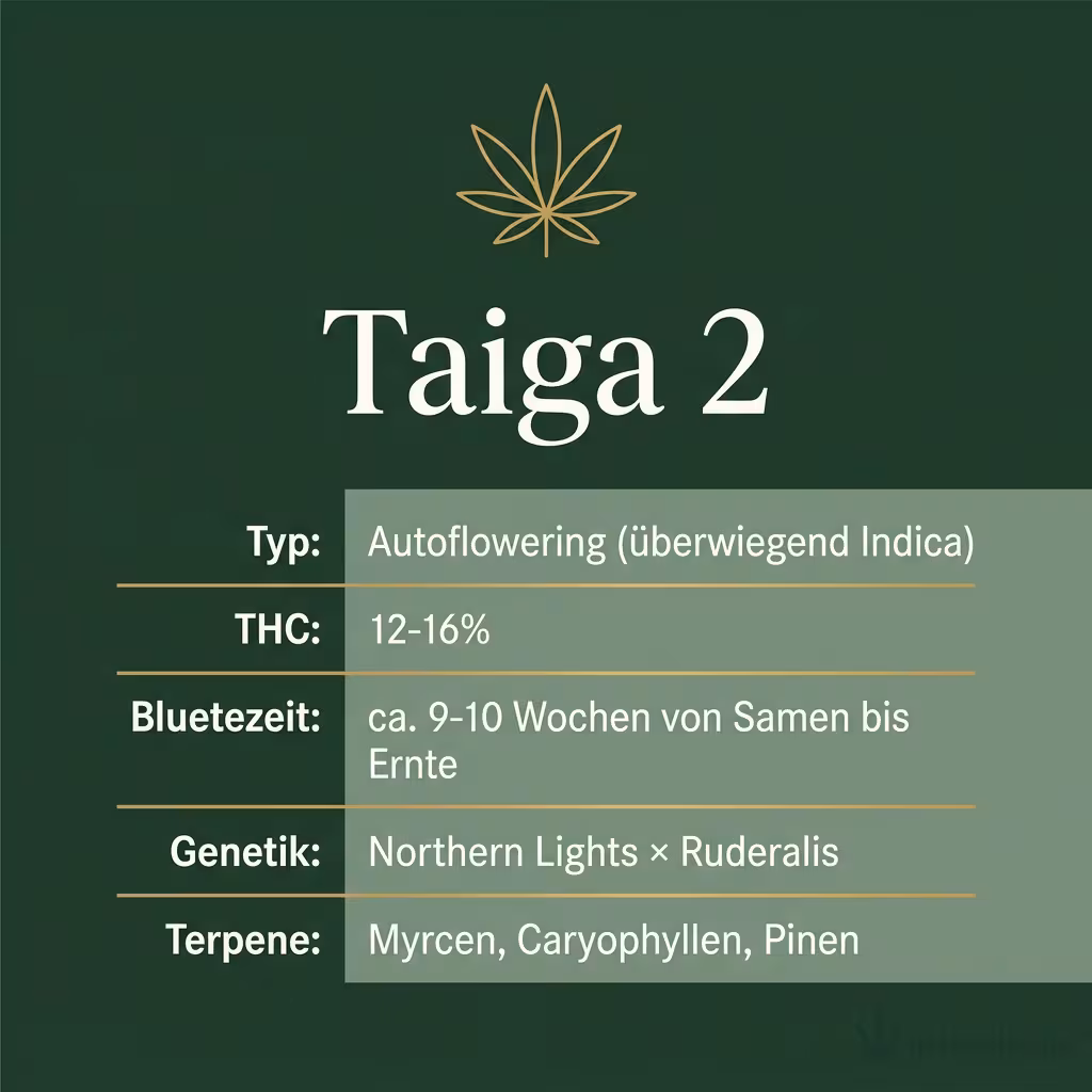 Infografik mit Taiga 2 Key Facts: Typ Autoflowering (überwiegend Indica), THC 12-16%, Bluetezeit ca. 9-10 Wochen von Samen bis Ernte, Genetik Northern Lights × Ruderalis und Terpene Myrcen, Caryophyllen, Pinen