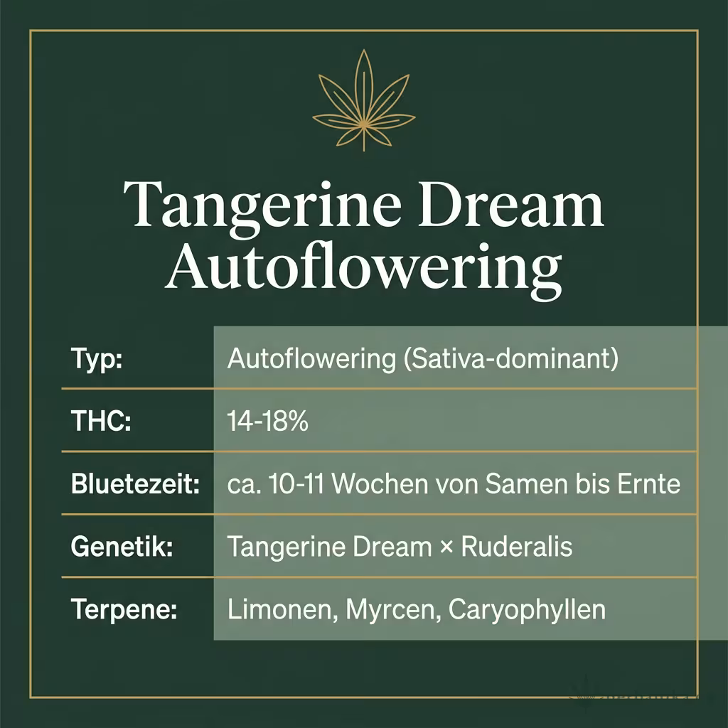 Infografik mit Tangerine Dream Autoflowering Key Facts: Typ Autoflowering (Sativa-dominant), THC 14-18%, Bluetezeit ca. 10-11 Wochen von Samen bis Ernte, Genetik Tangerine Dream × Ruderalis und Terpene Limonen, Myrcen, Caryophyllen