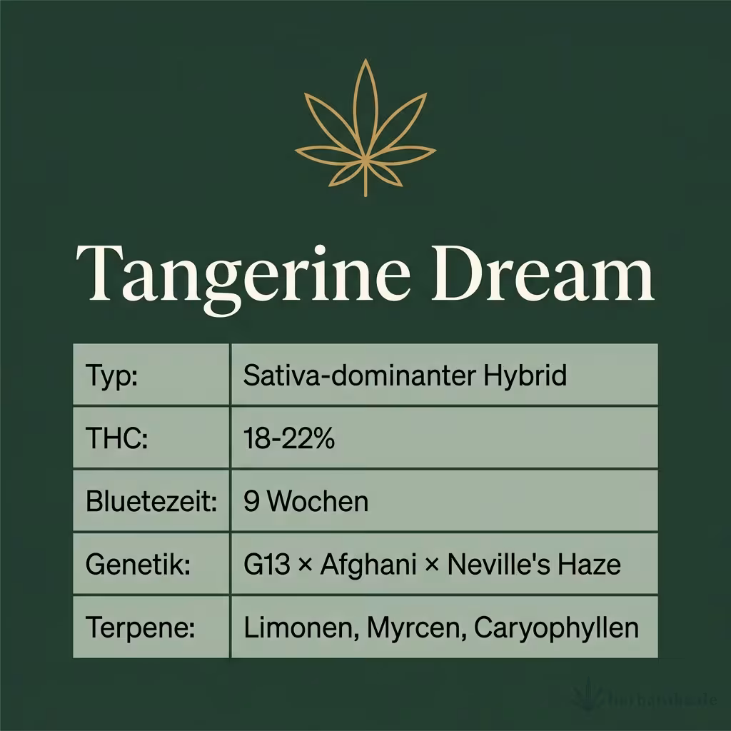 Infografik mit Tangerine Dream Key Facts: Typ Sativa-dominanter Hybrid, THC 18-22%, Bluetezeit 9 Wochen, Genetik G13 × Afghani × Neville's Haze und Terpene Limonen, Myrcen, Caryophyllen