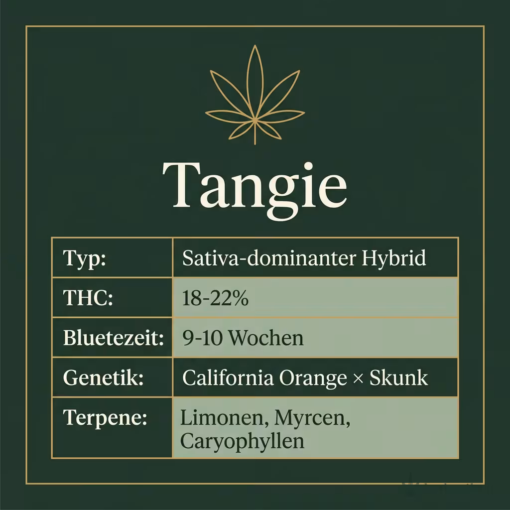 Infografik mit Tangie Key Facts: Typ Sativa-dominant, THC 18-22%, Bluetezeit 9-10 Wochen, Genetik California Orange x Skunk und Terpene Limonen, Myrcen, Caryophyllen