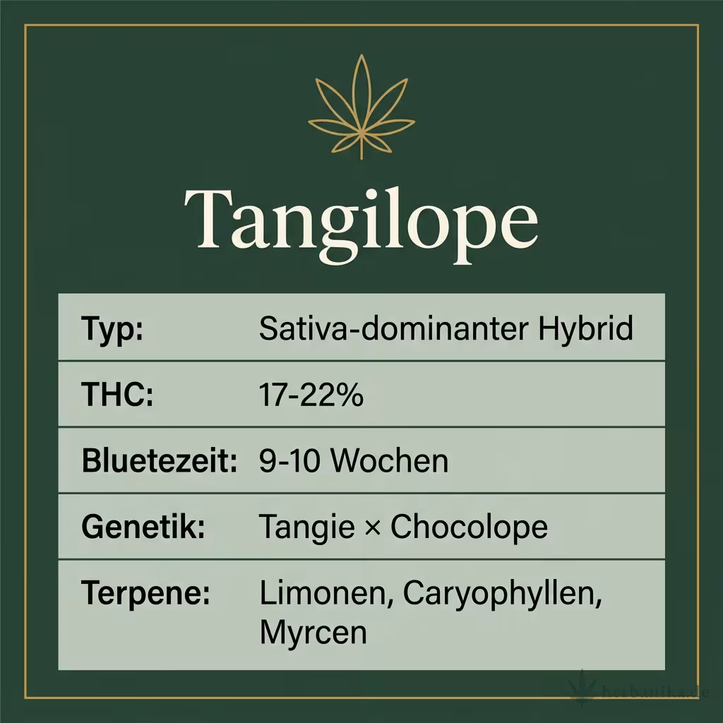 Infografik mit Tangilope Key Facts: Typ Sativa-dominanter Hybrid, THC 17-22%, Bluetezeit 9-10 Wochen, Genetik Tangie × Chocolope und Terpene Limonen, Caryophyllen, Myrcen