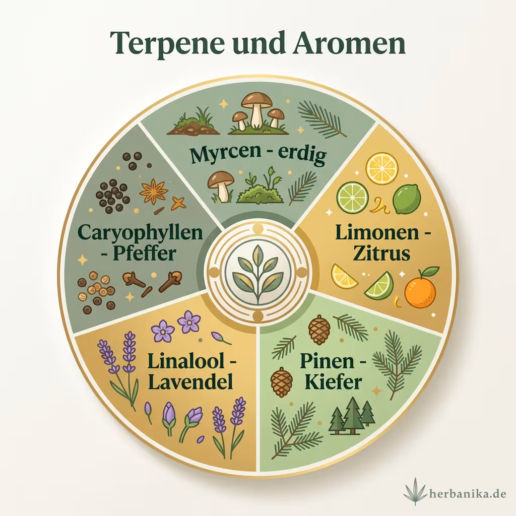 Terpen-Rad mit Myrcen erdig, Limonen Zitrus, Pinen Kiefer, Linalool Lavendel und Caryophyllen Pfeffer