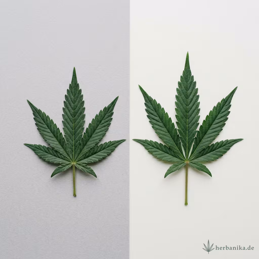 Zwei frische Cannabisblätter nebeneinander auf neutralem geteiltem Hintergrund als Symbol für den Vergleich von THC und CBD