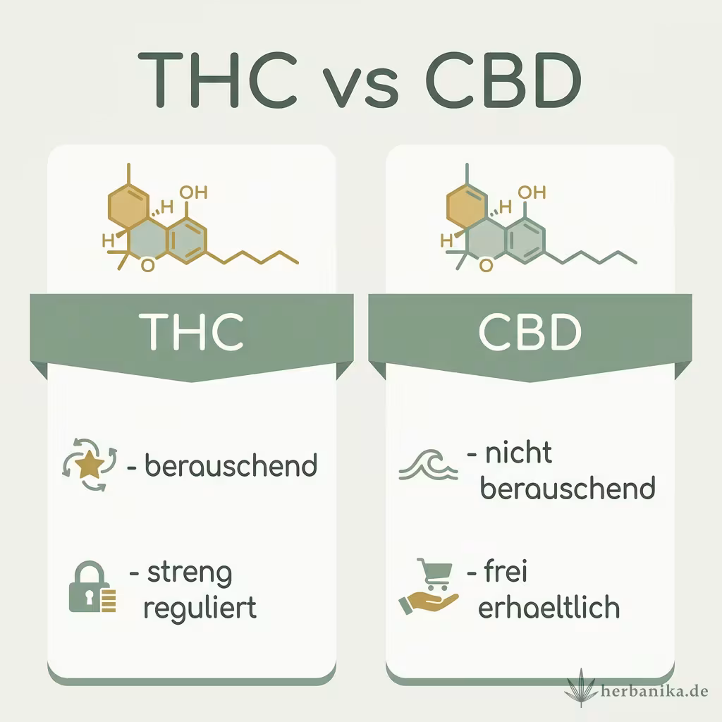 Infografik THC vs CBD: THC berauschend und streng reguliert, CBD nicht berauschend und frei erhältlich