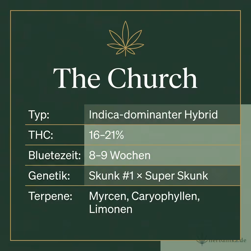 Infografik mit The Church Key Facts: Typ Indica-dominanter Hybrid, THC 16-21%, Bluetezeit 8-9 Wochen, Genetik Skunk #1 × Super Skunk und Terpene Myrcen, Caryophyllen, Limonen