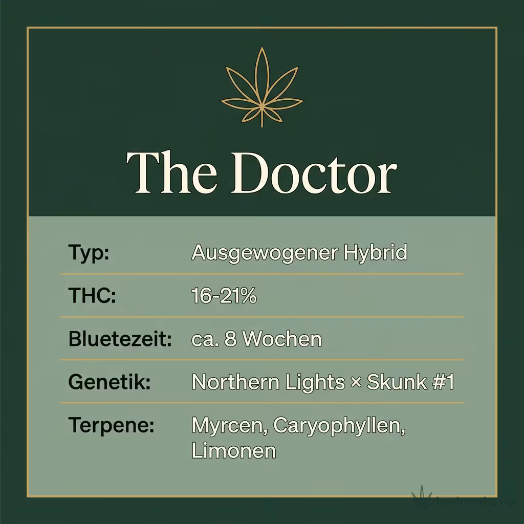Infografik mit The Doctor Key Facts: Typ Ausgewogener Hybrid, THC 16-21%, Bluetezeit ca. 8 Wochen, Genetik Northern Lights × Skunk #1 und Terpene Myrcen, Caryophyllen, Limonen