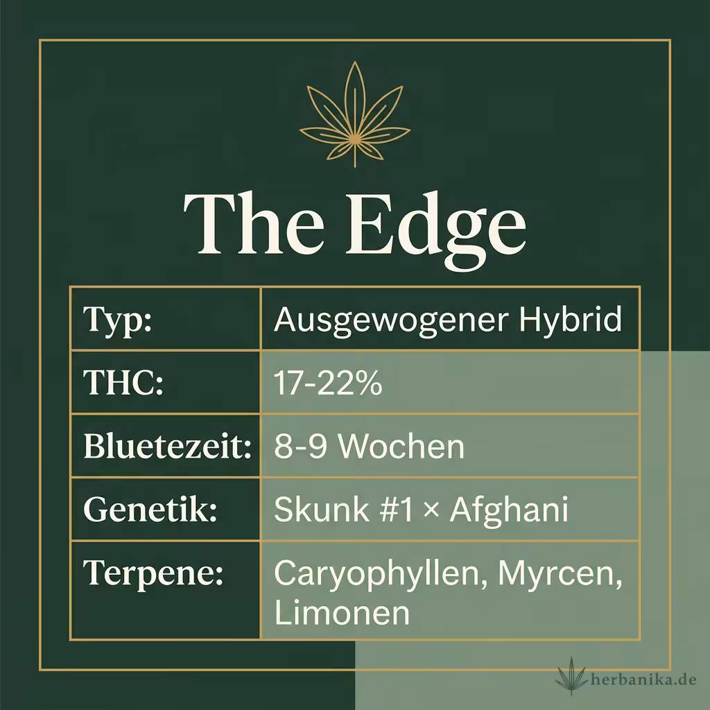 Infografik mit The Edge Key Facts: Typ Ausgewogener Hybrid, THC 17-22%, Bluetezeit 8-9 Wochen, Genetik Skunk #1 × Afghani und Terpene Caryophyllen, Myrcen, Limonen