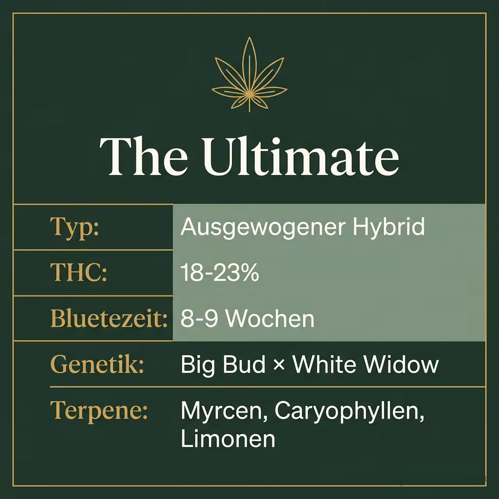Infografik mit The Ultimate Key Facts: Typ Ausgewogener Hybrid, THC 18-23%, Bluetezeit 8-9 Wochen, Genetik Big Bud × White Widow und Terpene Myrcen, Caryophyllen, Limonen