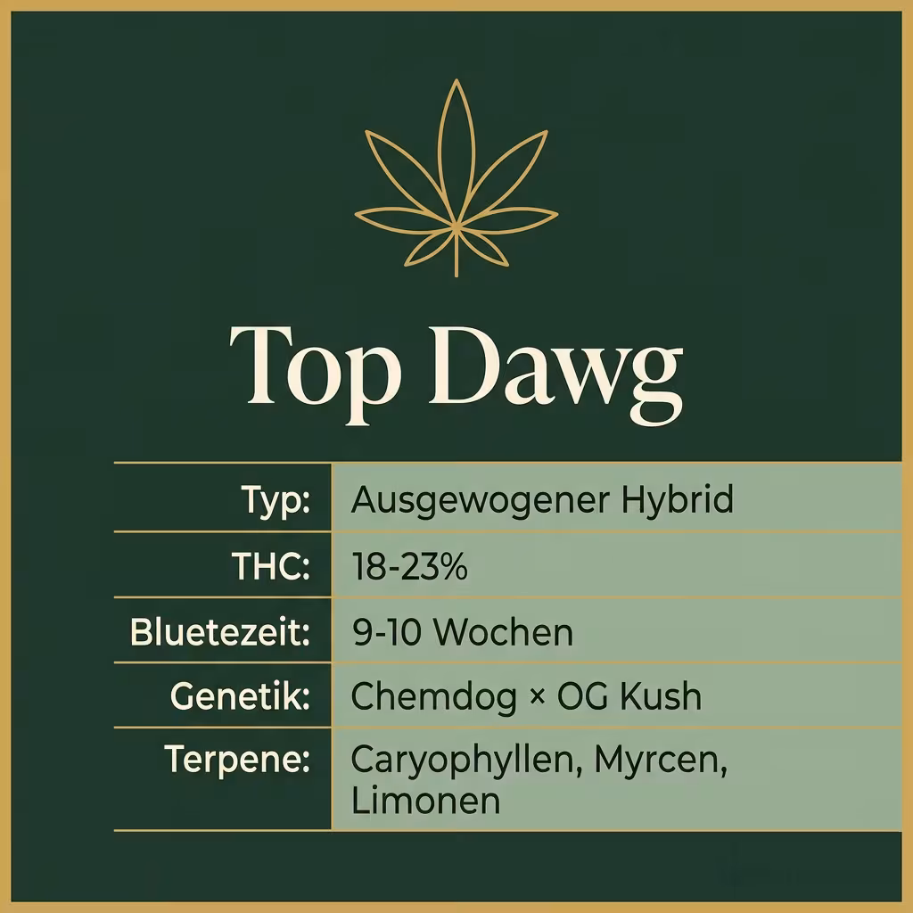 Infografik mit Top Dawg Key Facts: Typ Ausgewogener Hybrid, THC 18-23%, Bluetezeit 9-10 Wochen, Genetik Chemdog × OG Kush und Terpene Caryophyllen, Myrcen, Limonen