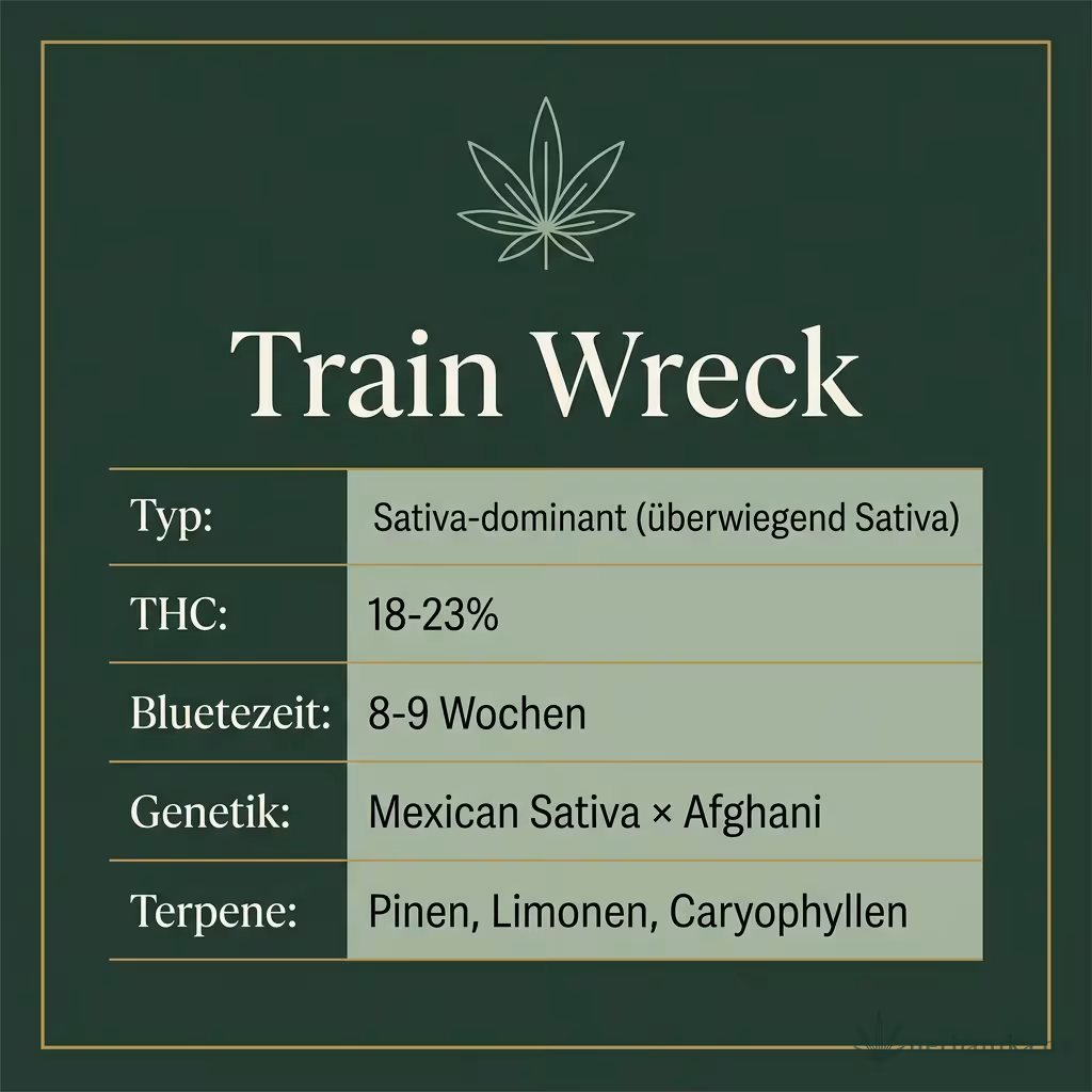 Infografik mit Train Wreck Key Facts: Typ Sativa-dominant (überwiegend Sativa), THC 18-23%, Bluetezeit 8-9 Wochen, Genetik Mexican Sativa × Afghani und Terpene Pinen, Limonen, Caryophyllen