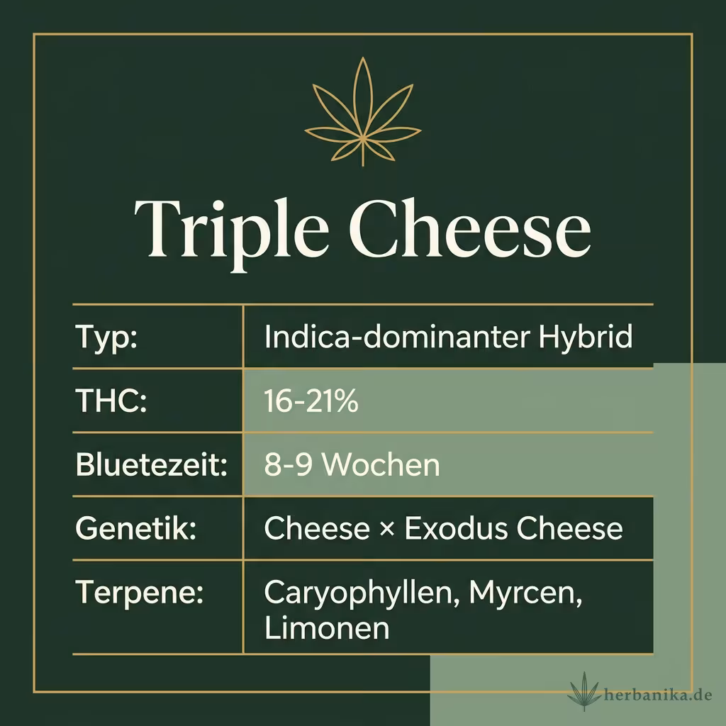 Infografik mit Triple Cheese Key Facts: Typ Indica-dominanter Hybrid, THC 16-21%, Bluetezeit 8-9 Wochen, Genetik Cheese × Exodus Cheese und Terpene Caryophyllen, Myrcen, Limonen