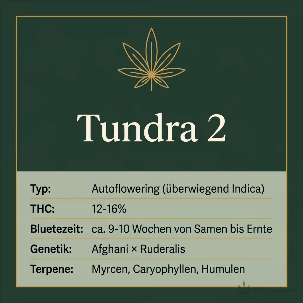 Infografik mit Tundra 2 Key Facts: Typ Autoflowering (überwiegend Indica), THC 12-16%, Bluetezeit ca. 9-10 Wochen von Samen bis Ernte, Genetik Afghani × Ruderalis und Terpene Myrcen, Caryophyllen, Humulen