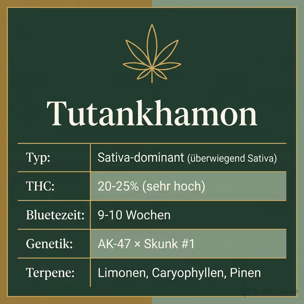 Infografik mit Tutankhamon Key Facts: Typ Sativa-dominant (überwiegend Sativa), THC 20-25% (sehr hoch), Bluetezeit 9-10 Wochen, Genetik AK-47 × Skunk #1 und Terpene Limonen, Caryophyllen, Pinen