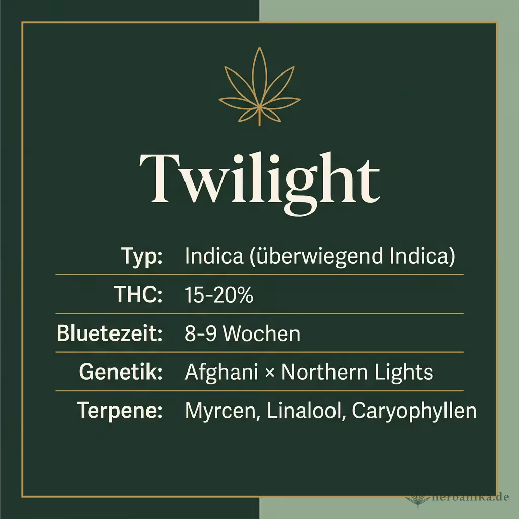 Infografik mit Twilight Key Facts: Typ Indica (überwiegend Indica), THC 15-20%, Bluetezeit 8-9 Wochen, Genetik Afghani × Northern Lights und Terpene Myrcen, Linalool, Caryophyllen