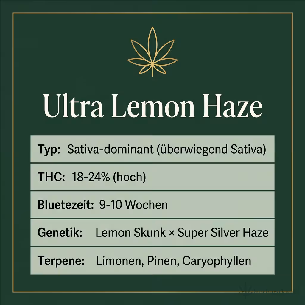 Infografik mit Ultra Lemon Haze Key Facts: Typ Sativa-dominant (überwiegend Sativa), THC 18-24% (hoch), Bluetezeit 9-10 Wochen, Genetik Lemon Skunk × Super Silver Haze und Terpene Limonen, Pinen, Caryophyllen