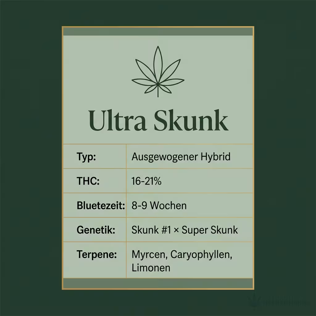 Infografik mit Ultra Skunk Key Facts: Typ Ausgewogener Hybrid, THC 16-21%, Bluetezeit 8-9 Wochen, Genetik Skunk #1 × Super Skunk und Terpene Myrcen, Caryophyllen, Limonen