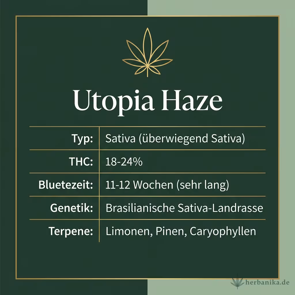Infografik mit Utopia Haze Key Facts: Typ Sativa (überwiegend Sativa), THC 18-24%, Bluetezeit 11-12 Wochen (sehr lang), Genetik Brasilianische Sativa-Landrasse und Terpene Limonen, Pinen, Caryophyllen