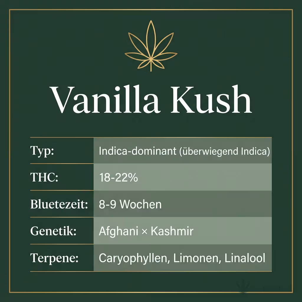 Infografik mit Vanilla-Kush Key Facts: Typ Indica-dominant, THC 18-22%, Bluetezeit 8-9 Wochen, Genetik Afghani x Kashmir und Terpene Caryophyllen, Limonen, Linalool