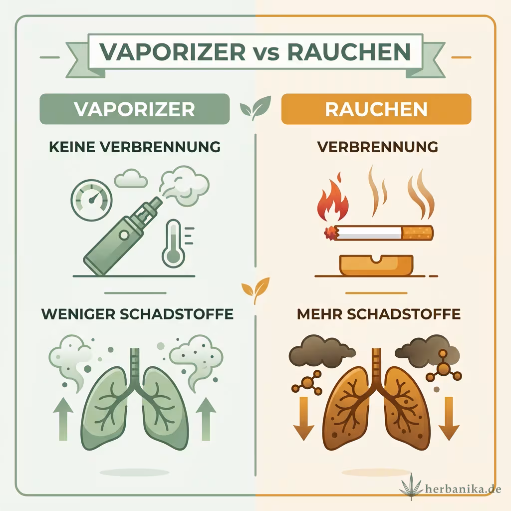 Infografik Vaporizer vs Rauchen: Vaporizer keine Verbrennung und weniger Schadstoffe, Rauchen Verbrennung und mehr Schadstoffe