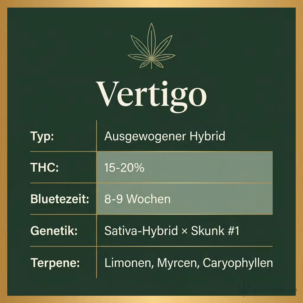 Infografik mit Vertigo Key Facts: Typ Ausgewogener Hybrid, THC 15-20%, Bluetezeit 8-9 Wochen, Genetik Sativa-Hybrid × Skunk #1 und Terpene Limonen, Myrcen, Caryophyllen