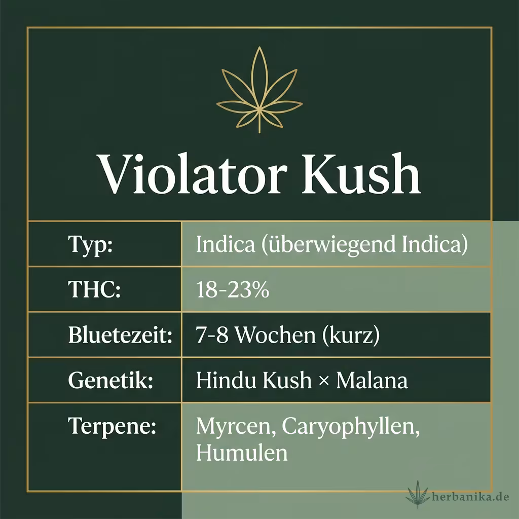Infografik mit Violator Kush Key Facts: Typ Indica (überwiegend Indica), THC 18-23%, Bluetezeit 7-8 Wochen (kurz), Genetik Hindu Kush × Malana und Terpene Myrcen, Caryophyllen, Humulen