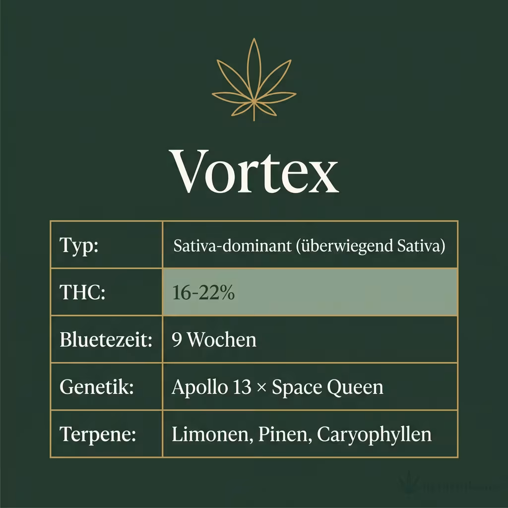 Infografik mit Vortex Key Facts: Typ Sativa-dominant (überwiegend Sativa), THC 16-22%, Bluetezeit 9 Wochen, Genetik Apollo 13 × Space Queen und Terpene Limonen, Pinen, Caryophyllen