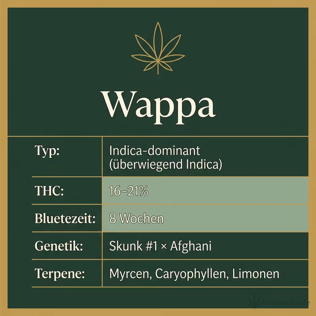 Infografik mit Wappa Key Facts: Typ Indica-dominant (überwiegend Indica), THC 16-21%, Bluetezeit 8 Wochen, Genetik Skunk #1 × Afghani und Terpene Myrcen, Caryophyllen, Limonen