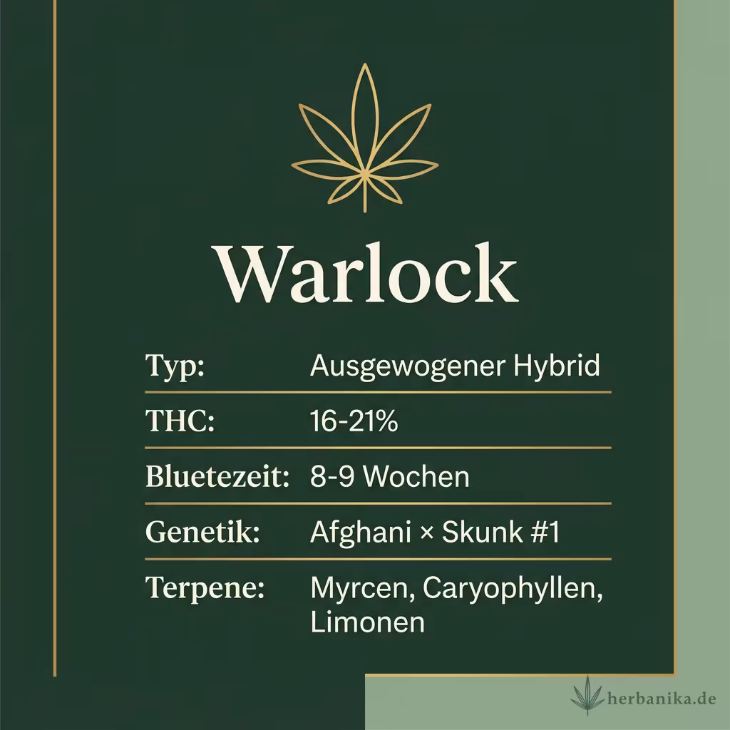 Infografik mit Warlock Key Facts: Typ Ausgewogener Hybrid, THC 16-21%, Bluetezeit 8-9 Wochen, Genetik Afghani × Skunk #1 und Terpene Myrcen, Caryophyllen, Limonen