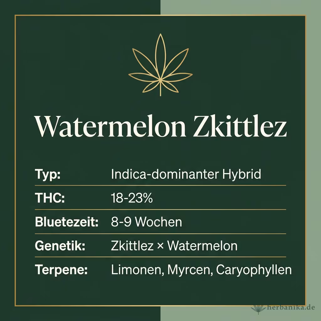 Infografik mit Watermelon Zkittlez Key Facts: Typ Indica-dominanter Hybrid, THC 18-23%, Bluetezeit 8-9 Wochen, Genetik Zkittlez × Watermelon und Terpene Limonen, Myrcen, Caryophyllen